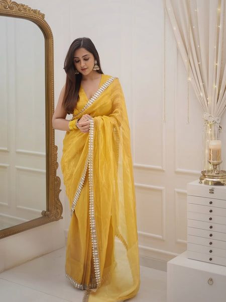 Golden Grace Sunstone Mirror Work Designer Tissue Silk Saree