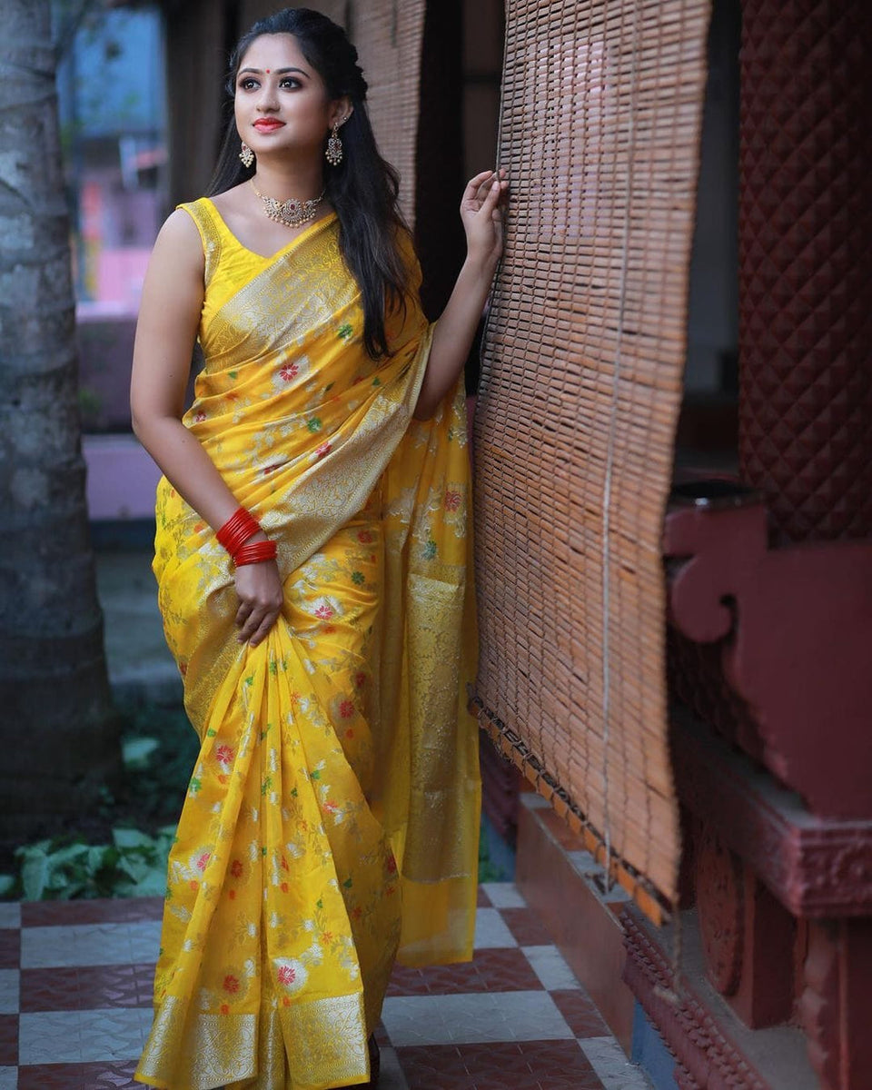 Dark Gold Banarasi Georgette Meena Jaal Saree | Attractive & Elegant