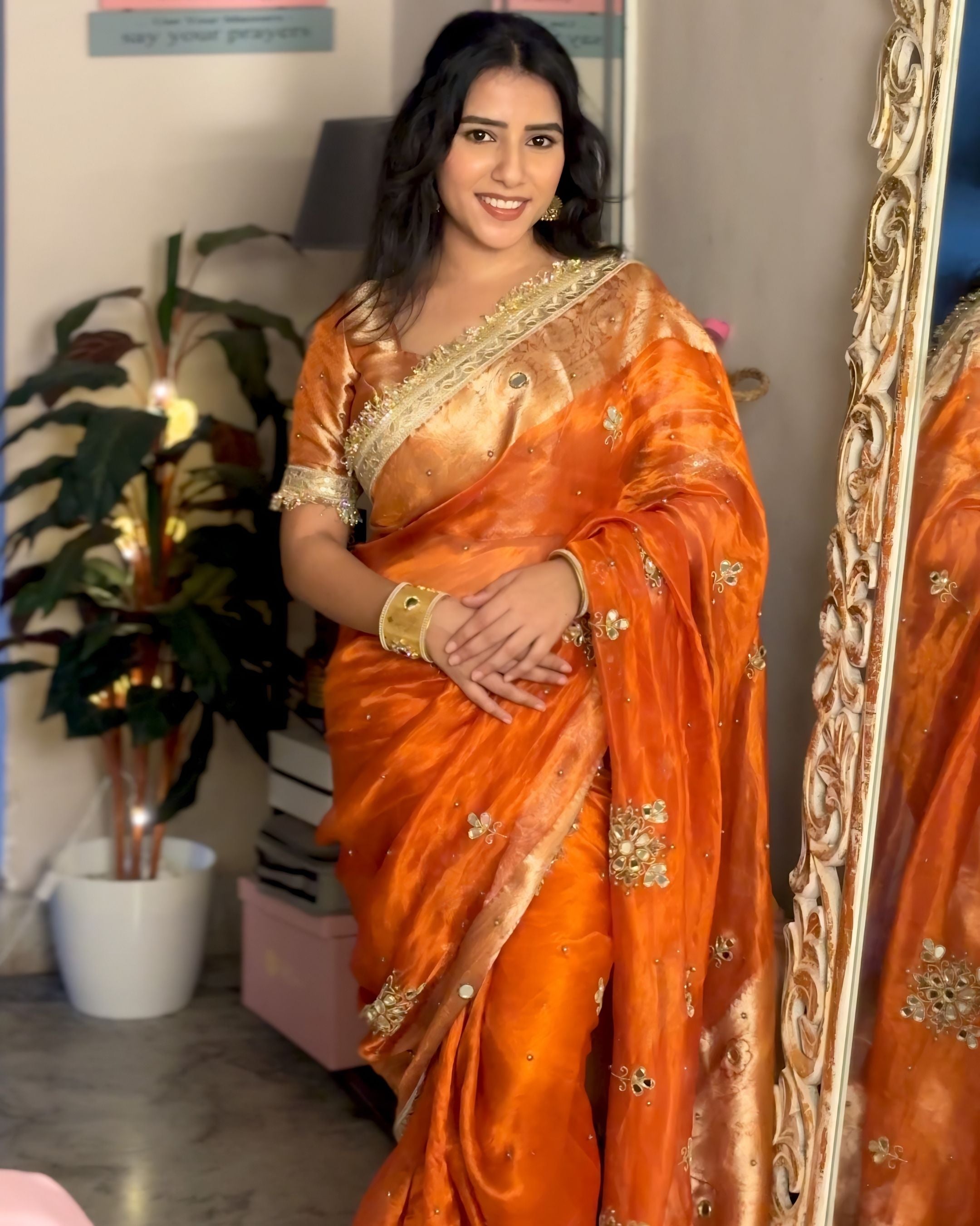 Metallic Orange Pure Tissue Silk Handcrafted Saree