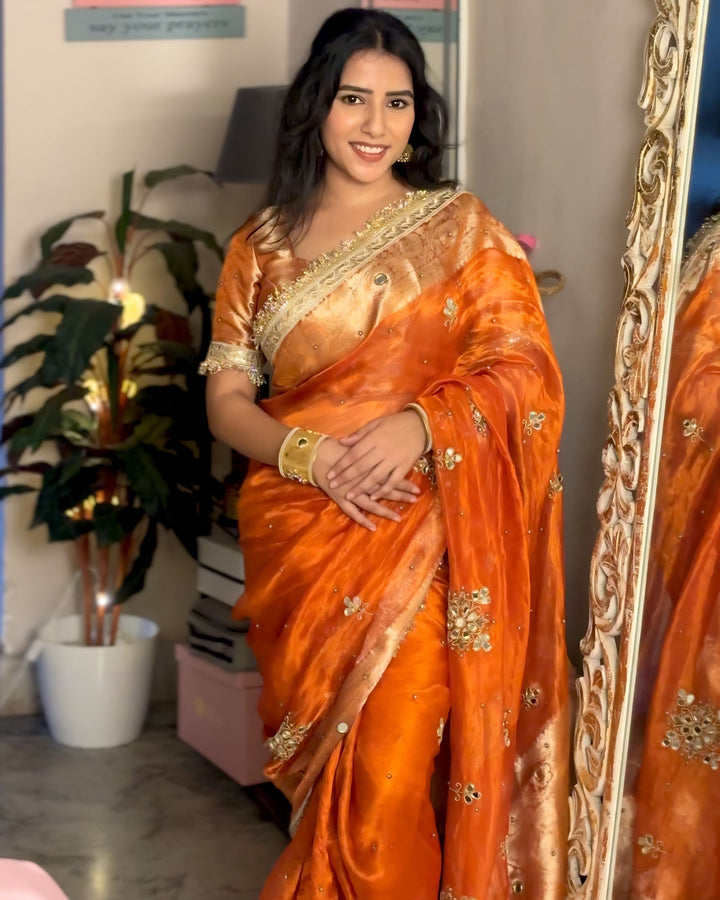 Metallic Orange Pure Tissue Silk Handcrafted Saree
