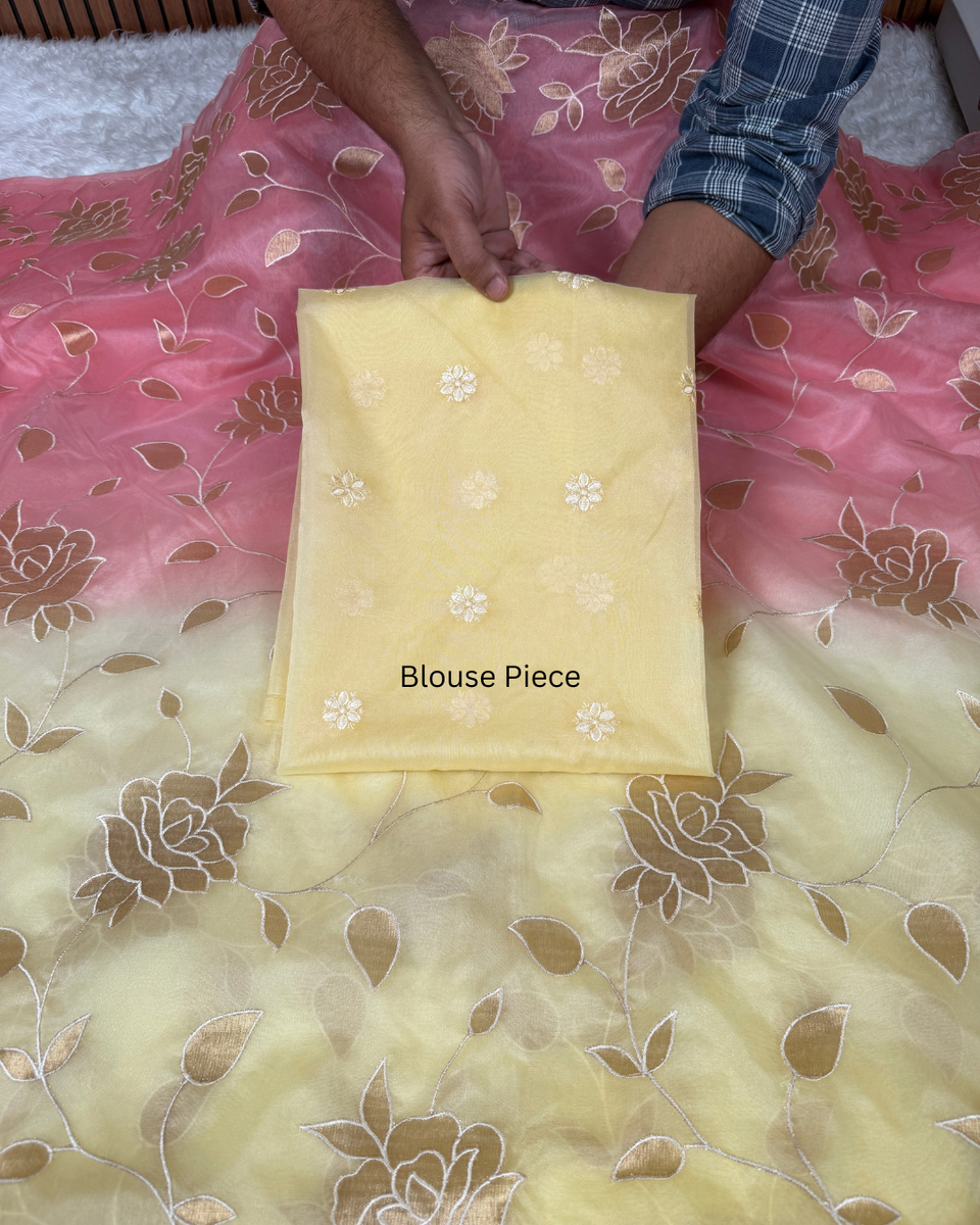 Dual-Shade Floral Tissue Appliqué Organza Saree – Pink Lemon