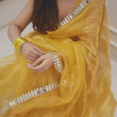 Golden Grace Sunstone Mirror Work Designer Tissue Silk Saree
