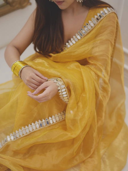 Golden Grace Sunstone Mirror Work Designer Tissue Silk Saree