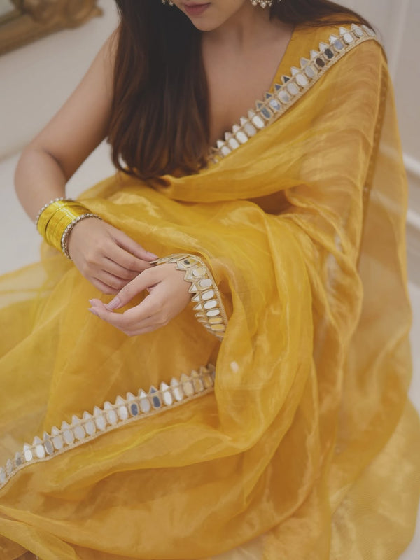 Golden Grace Sunstone Mirror Work Designer Tissue Silk Saree