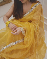 Golden Grace Sunstone Mirror Work Designer Tissue Silk Saree