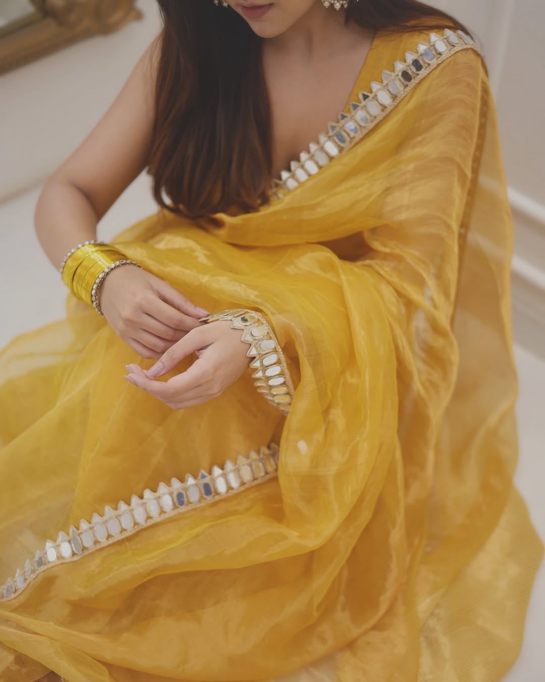Golden Grace Sunstone Mirror Work Designer Tissue Silk Saree