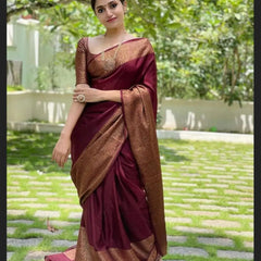 Maroon Red Banarasi Woven Soft Saree with Antique Zari Border & Pallu