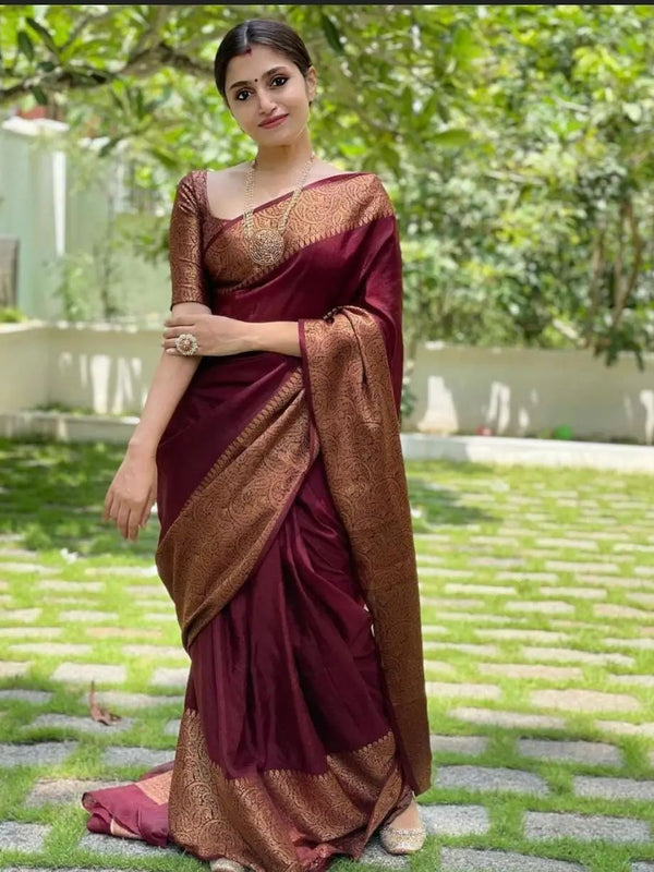 Maroon Red Banarasi Woven Soft Saree with Antique Zari Border & Pallu