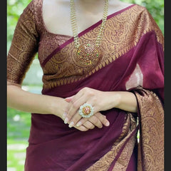 Maroon Red Banarasi Woven Soft Saree with Antique Zari Border & Pallu