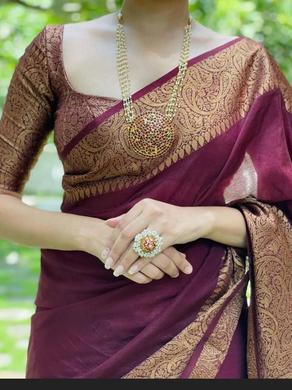 Maroon Red Banarasi Woven Soft Saree with Antique Zari Border & Pallu