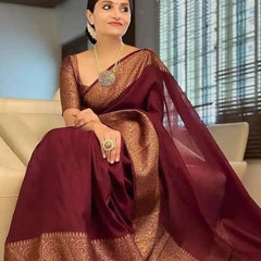 Maroon Red Banarasi Woven Soft Saree with Antique Zari Border & Pallu