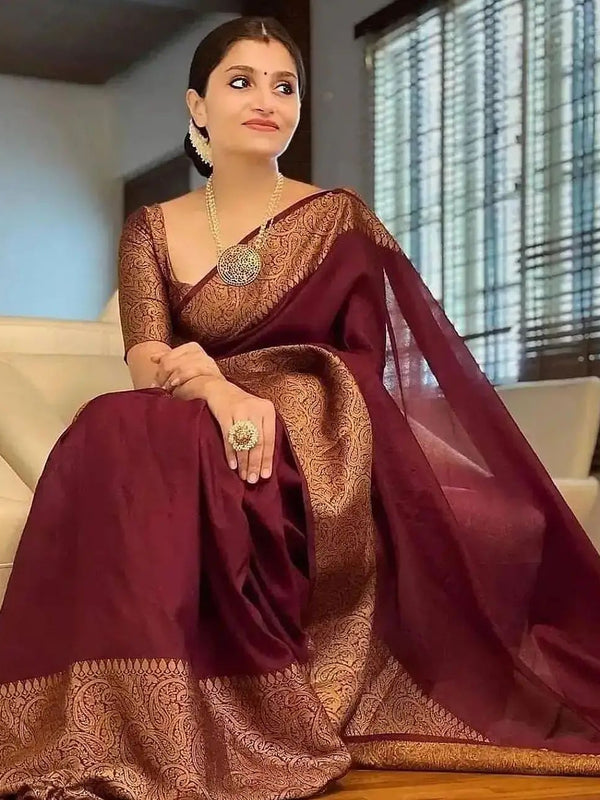 Maroon Red Banarasi Woven Soft Saree with Antique Zari Border & Pallu