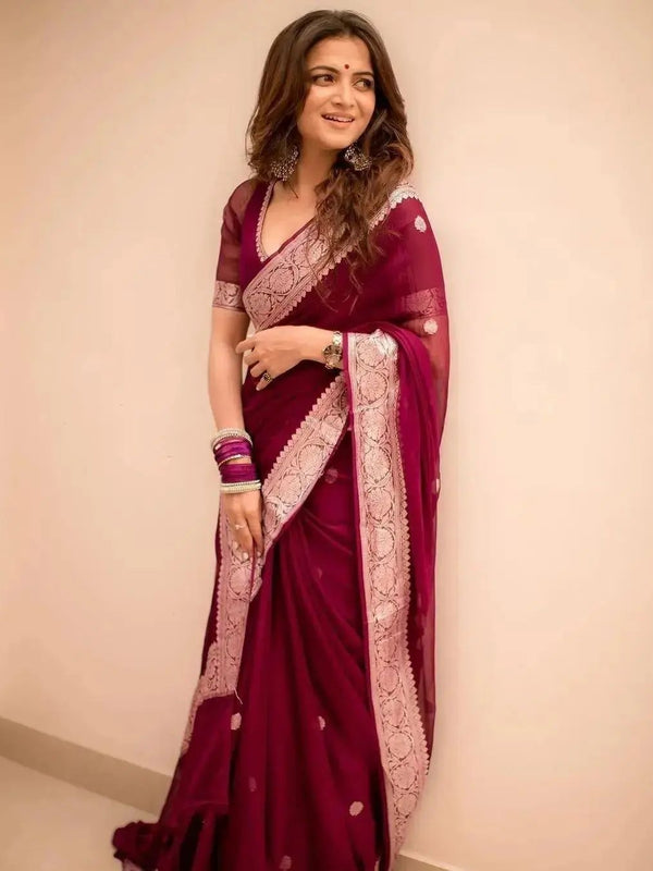 Maroon Red Banarasi Elegant Woven Semi Georgette Soft Saree