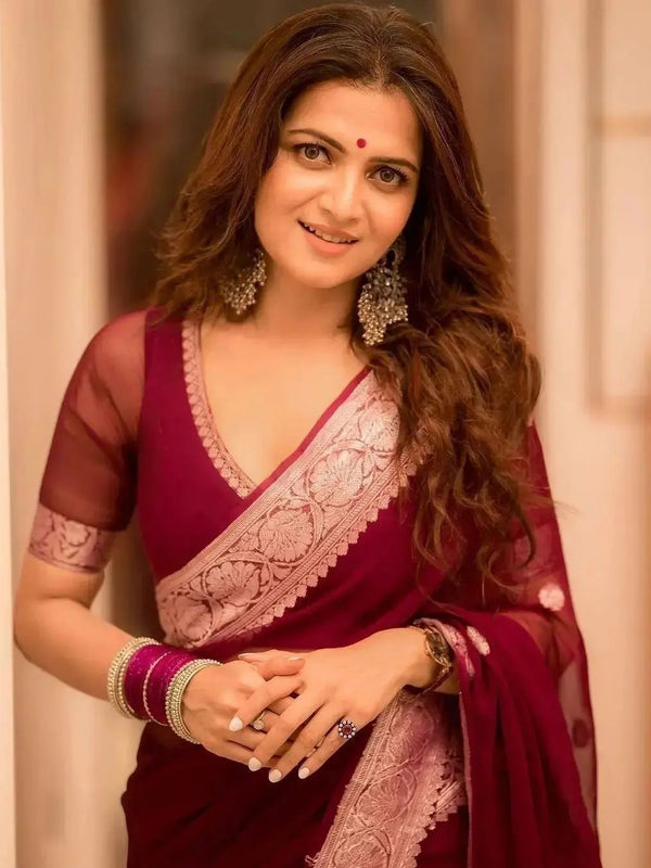 Maroon Red Banarasi Elegant Woven Semi Georgette Soft Saree