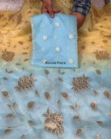 Dual-Shade Floral Tissue Appliqué Organza Saree – Yellow Blue