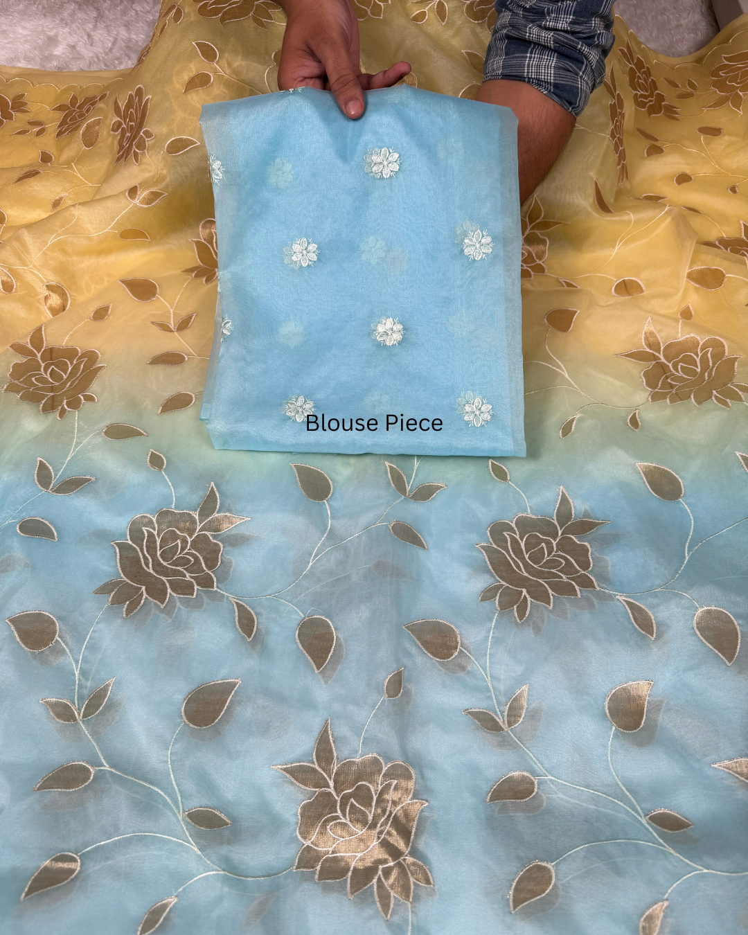 Dual-Shade Floral Tissue Appliqué Organza Saree – Yellow Blue