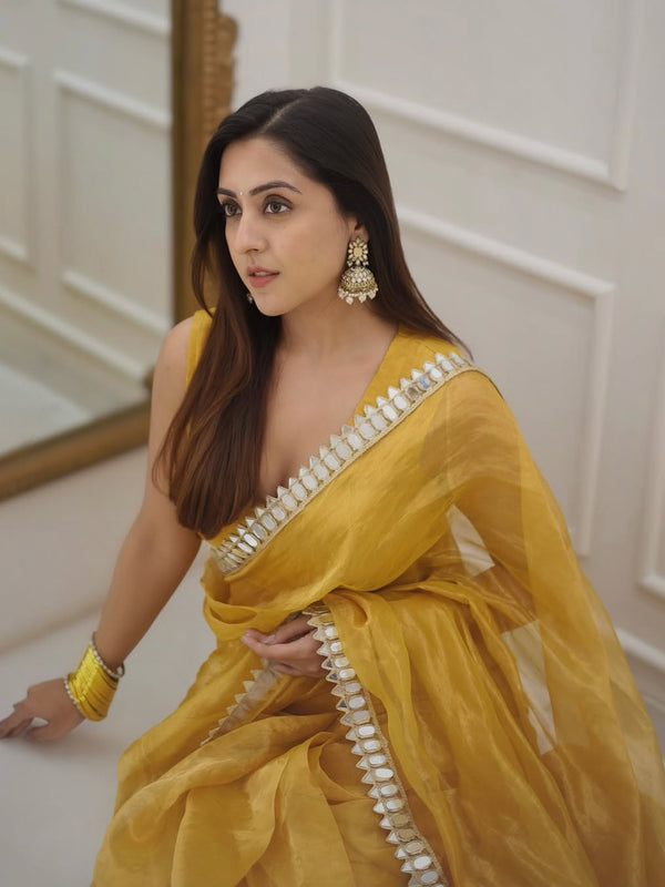 Golden Grace Sunstone Mirror Work Designer Tissue Silk Saree