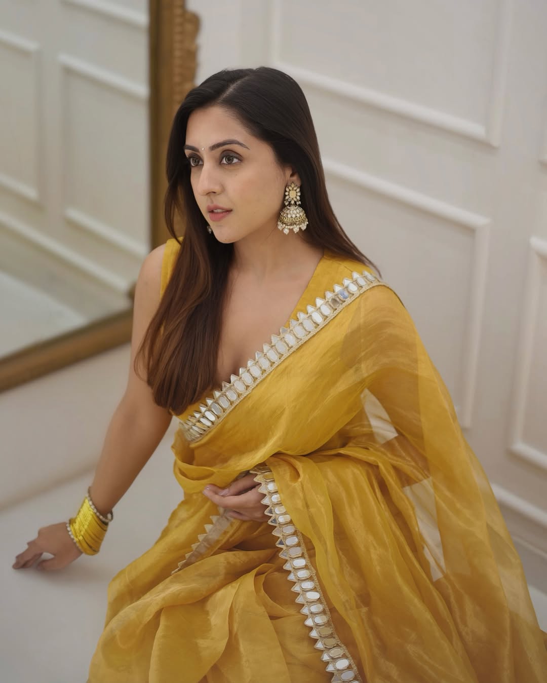 Golden Grace Sunstone Mirror Work Designer Tissue Silk Saree