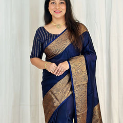 Navy Blue Banarasi Woven Soft Saree with Antique Zari Border & Pallu