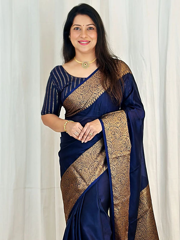 Navy Blue Banarasi Woven Soft Saree with Antique Zari Border & Pallu