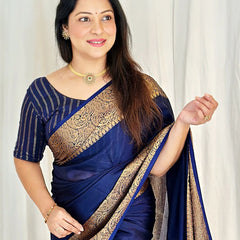 Navy Blue Banarasi Woven Soft Saree with Antique Zari Border & Pallu