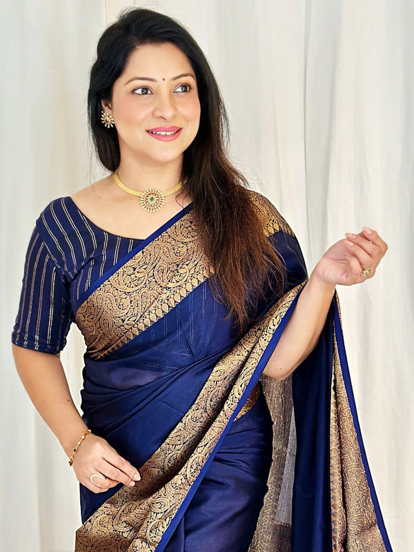Navy Blue Banarasi Woven Soft Saree with Antique Zari Border & Pallu