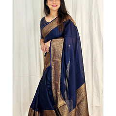 Navy Blue Banarasi Woven Soft Saree with Antique Zari Border & Pallu