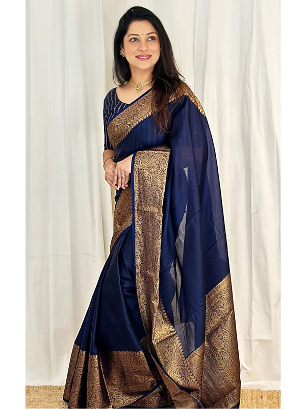 Navy Blue Banarasi Woven Soft Saree with Antique Zari Border & Pallu