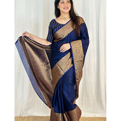 Navy Blue Banarasi Woven Soft Saree with Antique Zari Border & Pallu