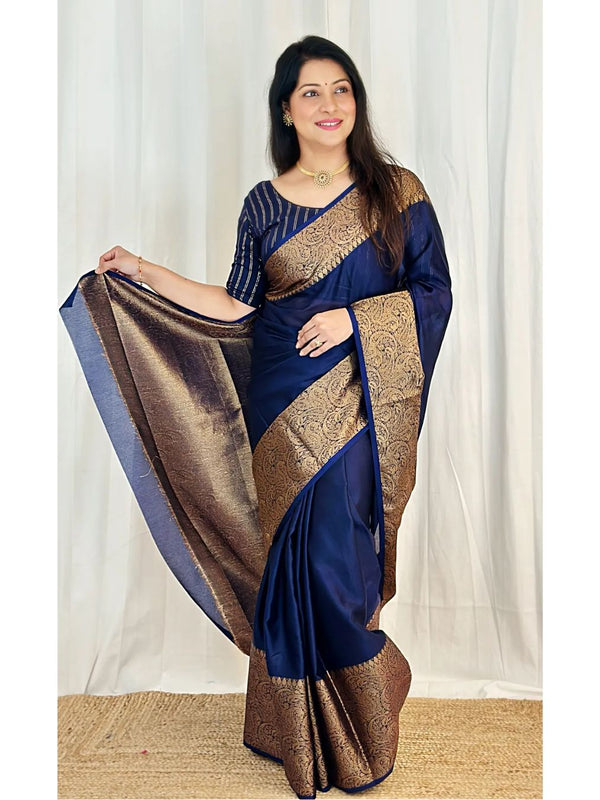 Navy Blue Banarasi Woven Soft Saree with Antique Zari Border & Pallu