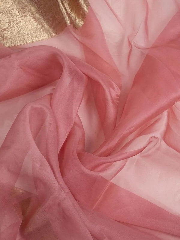 Peach Pink Banarasi Woven Skirt Border Soft Organza Saree | From The Weavers Of Banaras