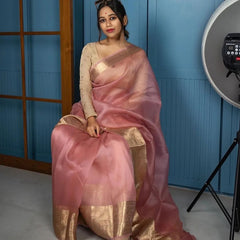 Peach Pink Banarasi Woven Skirt Border Soft Organza Saree | From The Weavers Of Banaras