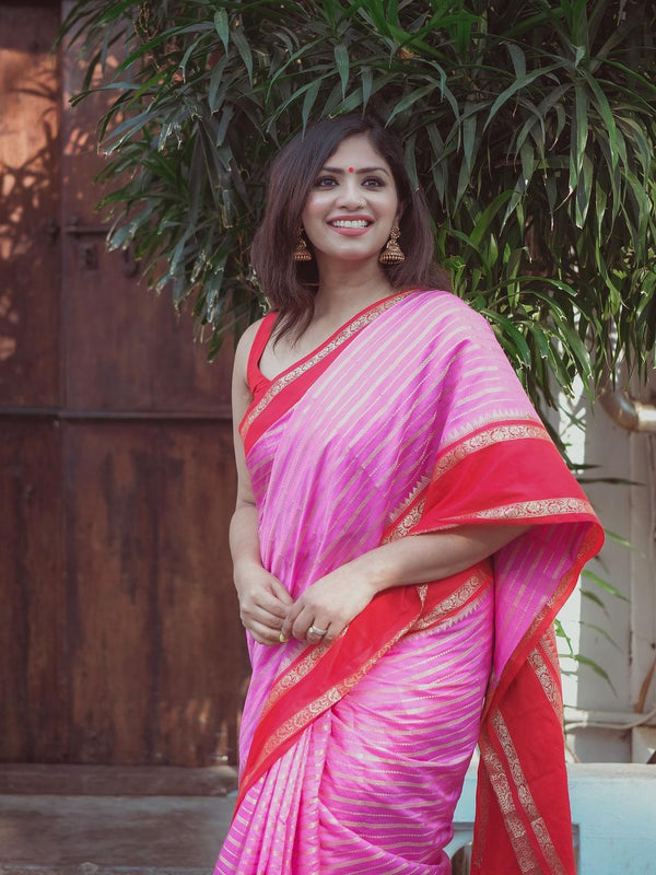 Baby Pink with Red Banarasi Soft Katan Georgette Saree | Soft & Versatile