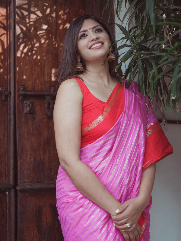 Baby Pink with Red Banarasi Soft Katan Georgette Saree | Soft & Versatile