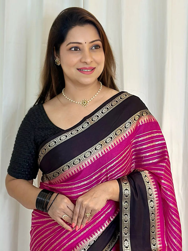 Soft Pink with Black Banarasi Soft Katan Georgette Saree | Soft & Versatile