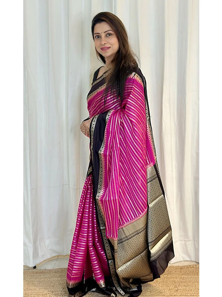 Soft Pink with Black Banarasi Soft Katan Georgette Saree | Soft & Versatile