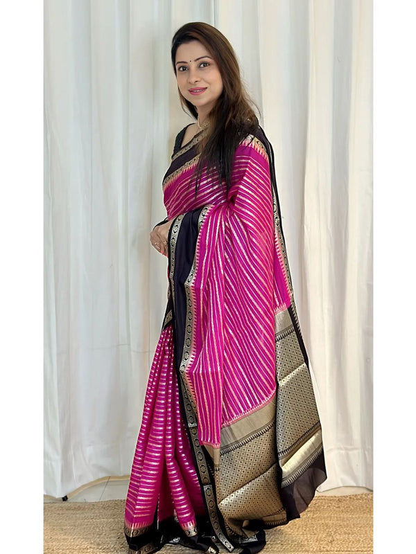 Soft Pink with Black Banarasi Soft Katan Georgette Saree | Soft & Versatile