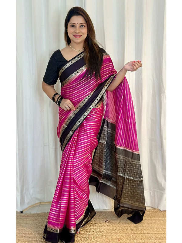 Soft Pink with Black Banarasi Soft Katan Georgette Saree | Soft & Versatile