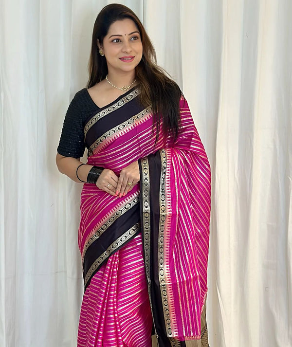 Soft Pink with Black Banarasi Soft Katan Georgette Saree | Soft & Versatile