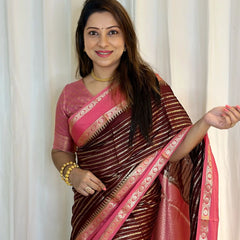 Brown with Peach Banarasi Soft Katan Georgette Saree | Soft & Versatile