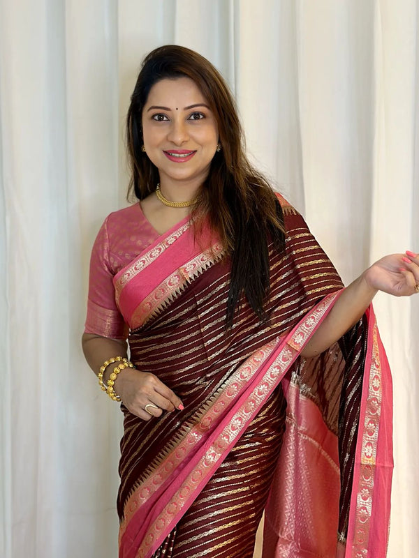 Brown with Peach Banarasi Soft Katan Georgette Saree | Soft & Versatile