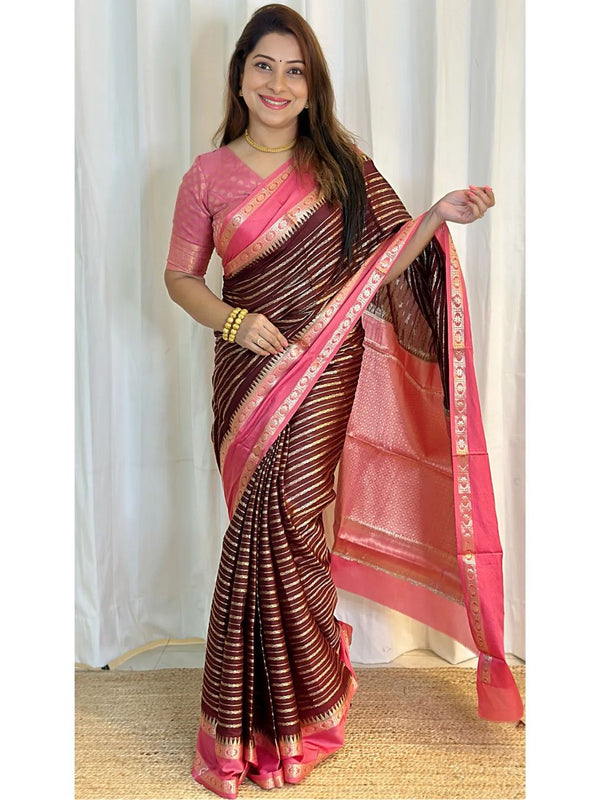 Brown with Peach Banarasi Soft Katan Georgette Saree | Soft & Versatile
