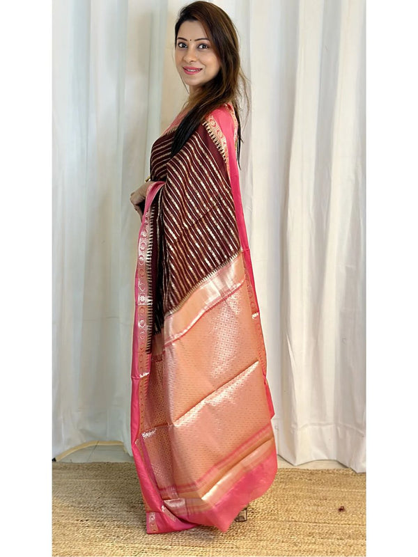 Brown with Peach Banarasi Soft Katan Georgette Saree | Soft & Versatile