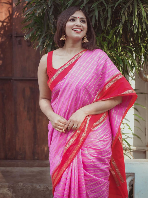 Baby Pink with Red Banarasi Soft Katan Georgette Saree | Soft & Versatile