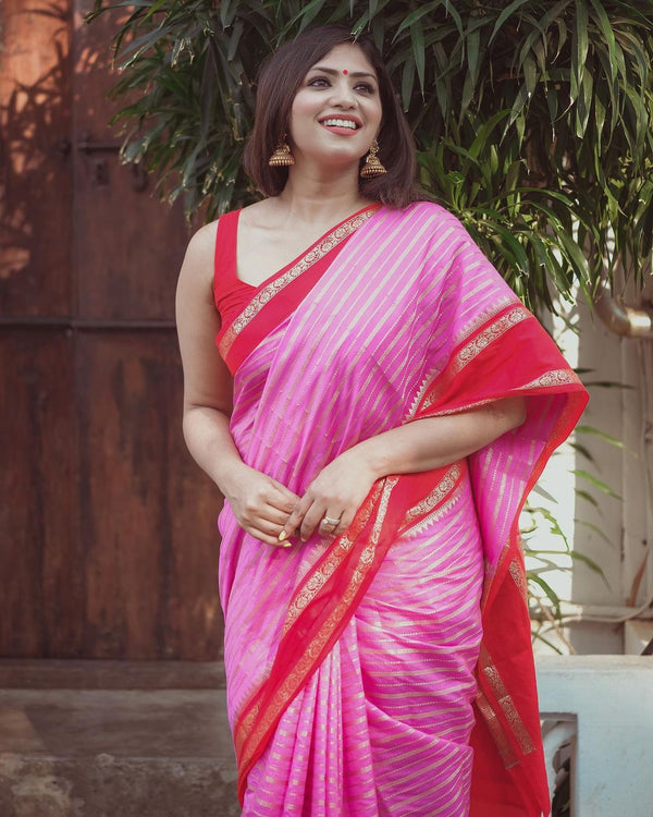 Baby Pink with Red Banarasi Soft Katan Georgette Saree | Soft & Versatile