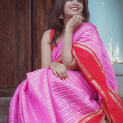 Baby Pink with Red Banarasi Soft Katan Georgette Saree | Soft & Versatile