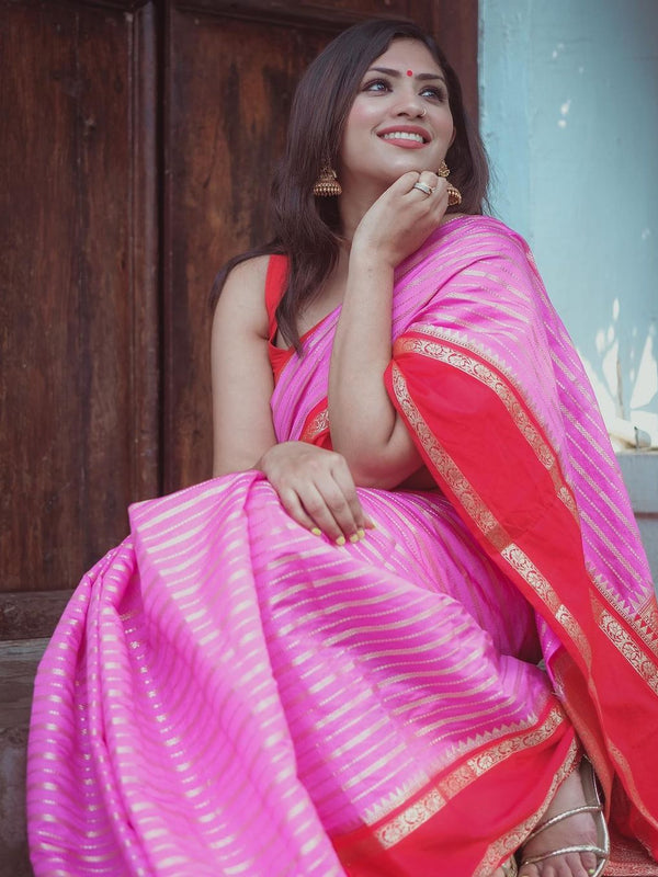 Baby Pink with Red Banarasi Soft Katan Georgette Saree | Soft & Versatile