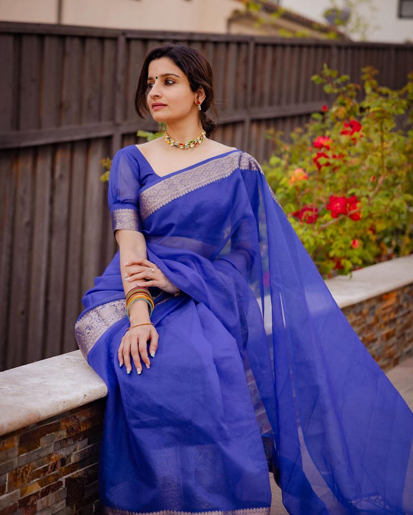 Royal Blue Banarasi Soft Organza Skirt Border Saree | Easy To Drape