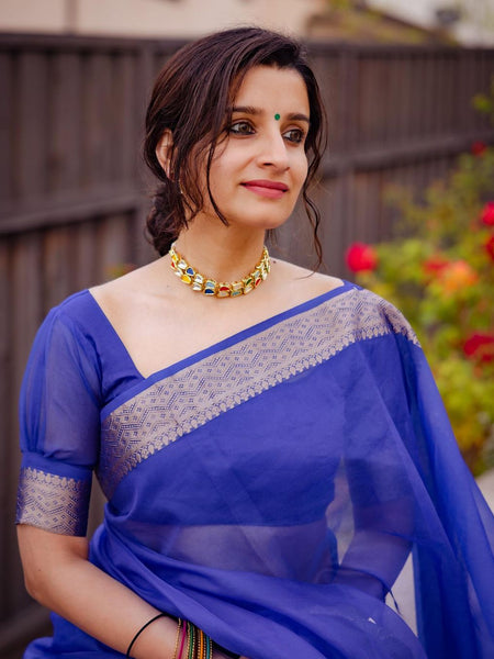 Royal Blue Banarasi Soft Organza Skirt Border Saree | Easy To Drape