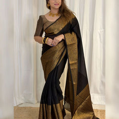 Deep Black Banarasi Woven Soft Saree with Antique Zari Border & Pallu
